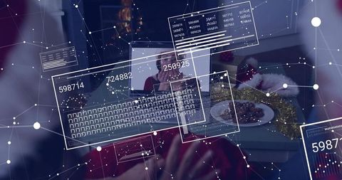 Woman initiating virtual holiday call using augmented reality keyboard in festive home