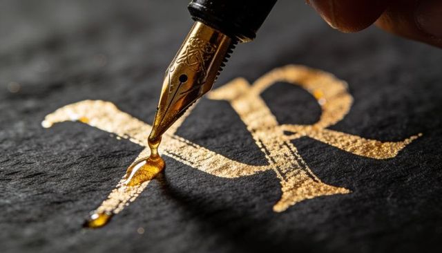 Macro fountain pen writing metallic gold ink droplet on black paper