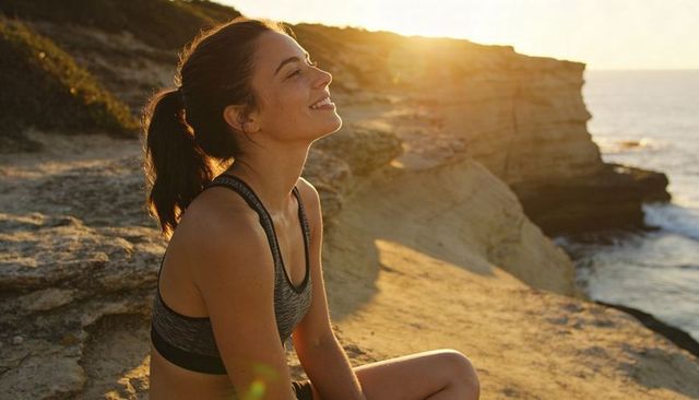 Young woman smiling and gazing at ocean from sunlit sandstone cliff at sunset