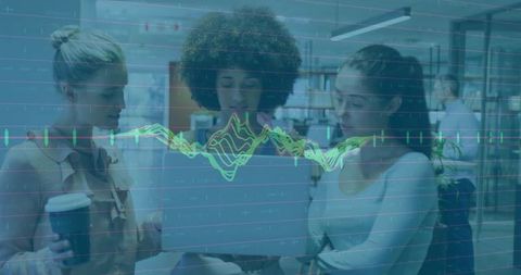 Office Collaboration Analyzing Laptop Data with Modern Digital Overlay