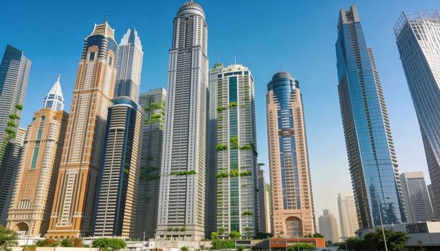 Green-terrace skyscrapers rising in modern financial skyline with reflective glass facades