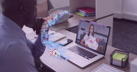 Businessman Analyzing Digital Presentation with Holographic Data