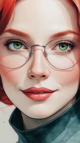 Vertical video portrait redhead turning and holding gaze with round glasses and teal top