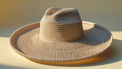 Stylish woven straw sun hat on neutral background