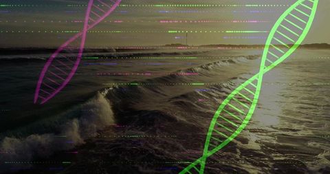Sunset Ocean Waves Colliding with Neon DNA Helices and Digital Glitch Data Overlay