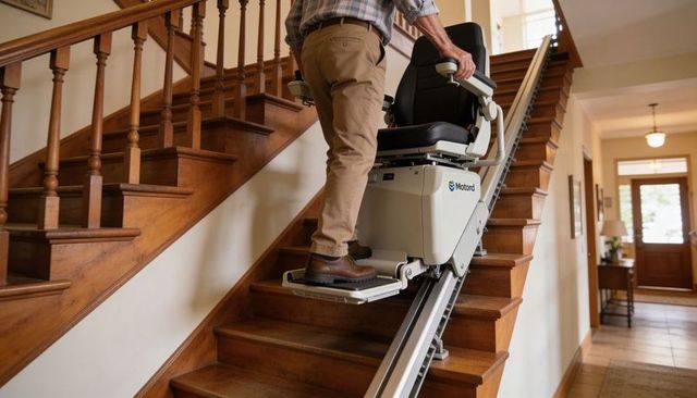 Senior man ascending wood staircase on stairlift for home mobility and accessibility