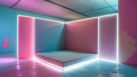 Futuristic neon lit urban installation in minimalist industrial space