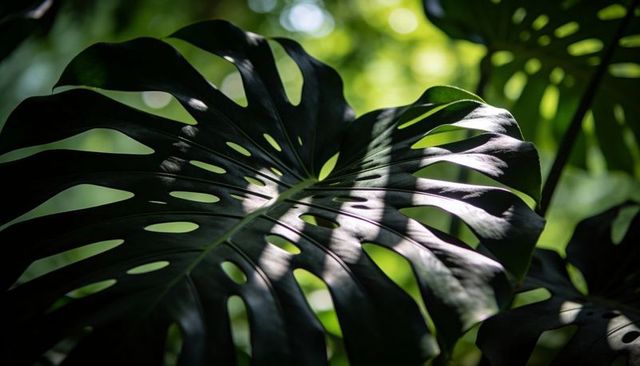 Backlit monstera deliciosa leaf featuring deep fenestrations and dramatic shadows