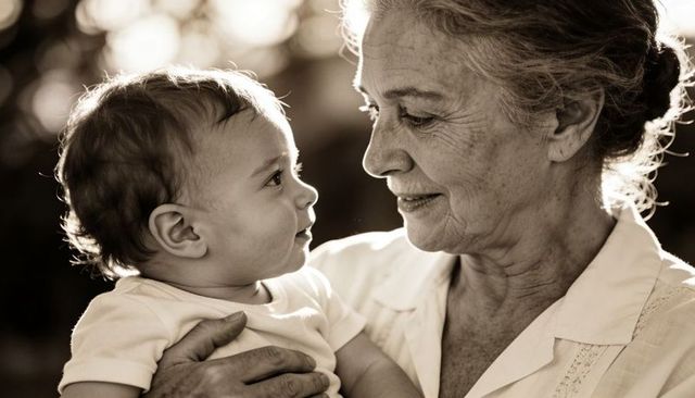 Grandmother cradling baby in warm sunlight closeup showing tender intergenerational bond