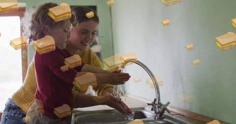 Family handwashing with cartoon sandwich elements