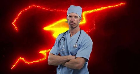 Confident doctor in scrubs standing against digital technological background