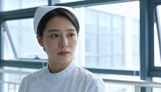 Asian nurse standing and gazing near hospital window railing, serene professional portrait