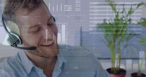 Caucasian businessman financial data processing with headset