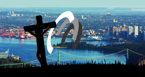 Futuristic Data Overlay on Urban Skyline with Cross Silhouette