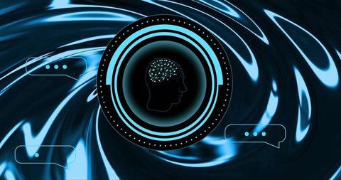 Futuristic neural network brain showcasing chat bubbles over glossy liquid tech background