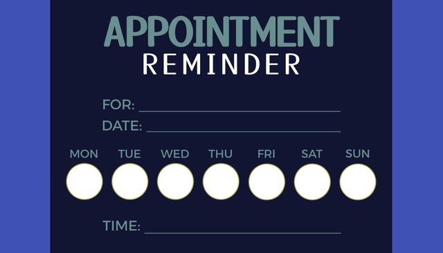 Template featuring fields for recording appointments by day, date, and time. Useful for personal reminders, business meetings, and daily planning. Ideal for use in office settings, personal organizers, and digital planners. Helps in keeping track of important dates and meetings.