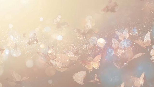 Ethereal pastel butterflies fluttering through luminous bokeh and glittering light orbs