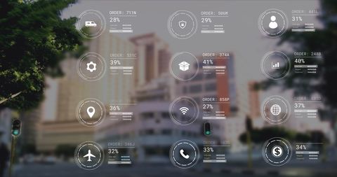 Futuristic data overlay on urban cityscape with delivery icons