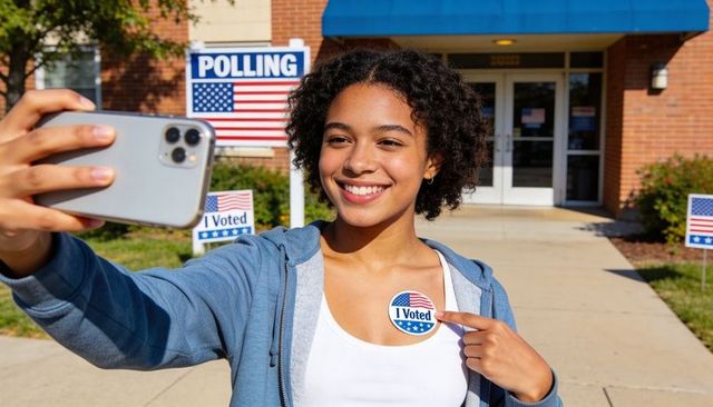 Young woman taking selfie at polling place pointing to i voted sticker showing civic pride