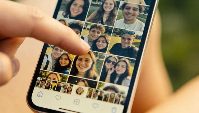 Tapping smartphone gallery, selecting friend portrait tile browsing outdoor social feed