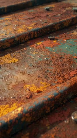Sliding macro reveal of rusted metal tread with peeling paint, rivets and nut close-up