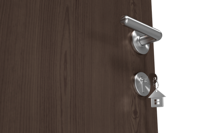 Depiction of a brown door with a sleek metal handle and house key on a keyring. It showcases an elaborate lock with a minimalist design, ideal for representing themes like home security, real estate, and modern interior design. Can be used for websites, brochures, or advertisements focusing on security solutions, locksmith services, or online stock resources.