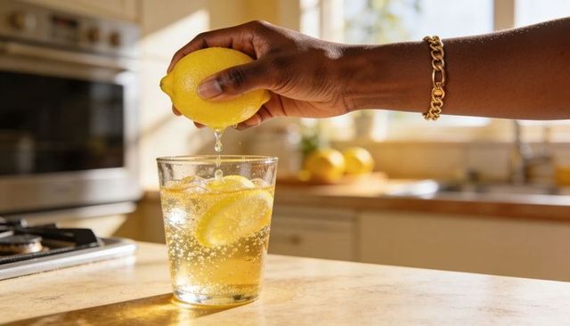 Squeezing lemon into sparkling water on sunlit kitchen counter with gold bracelet