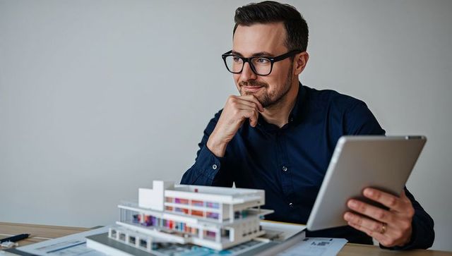 Architect studying modern building model while holding tablet and reviewing plans