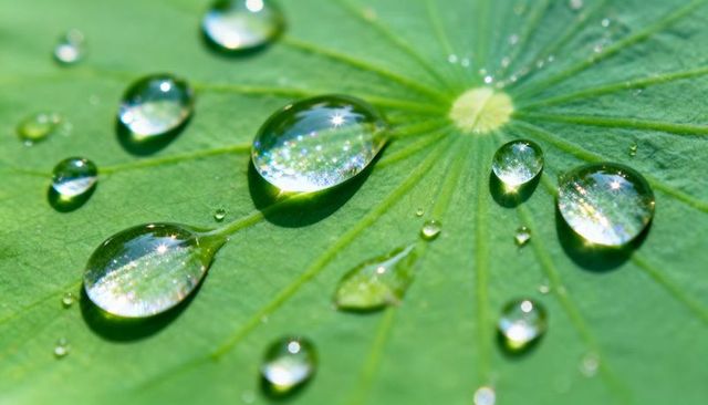 Sparkling water droplets on green lotus leaf highlighting radiating veins and sunlit glow