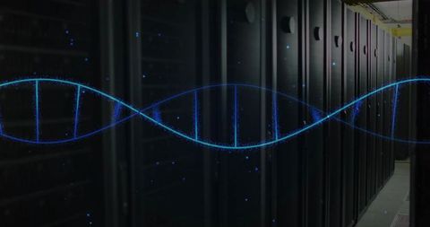 Blue DNA Helix Overlay Monitoring Server Rack Performance Modern Data Center Aisle