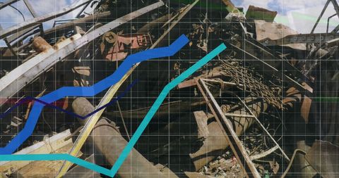 Statistical data over junkyard illustrating recycling economics