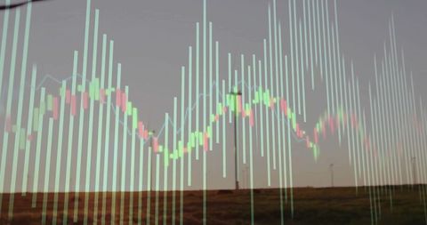 Financial data overlay on rural wind farm at dusk reflecting renewable investment