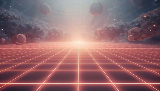 Neon grid receding toward luminous horizon, floating glass orbs and retrofuturistic clouds