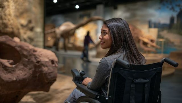 Visitor in wheelchair exploring dinosaur exhibit in museum