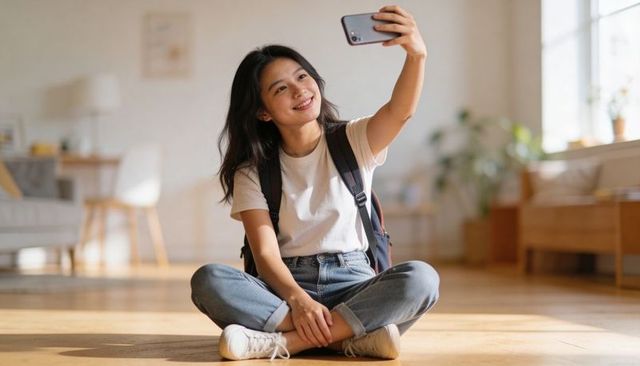 Sunny living room selfie by smiling asian teen with backpack, casual student portrait in daylight