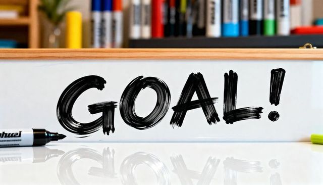 Displaying motivational goal! message on whiteboard with marker and glossy reflection
