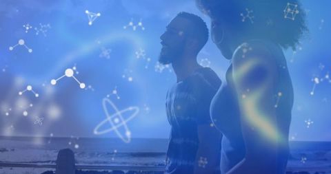 Digital Art Overlay on Friends Walking Seaside Promenade