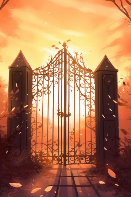 Entering a fantasy garden with an ornate iron gate glowing in the warm light of sunset. The scene creates a magical, enchanting atmosphere perfect for book cover art, fantasy-themed media, or inspirational backgrounds. The glowing autumn leaves enhance the mystical, ethereal feel.