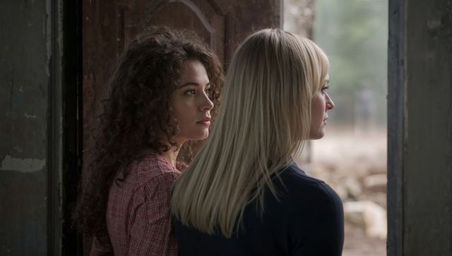 Two Women Standing by Weathered Doorway Gazing Out, Friendship and Quiet Contemplation