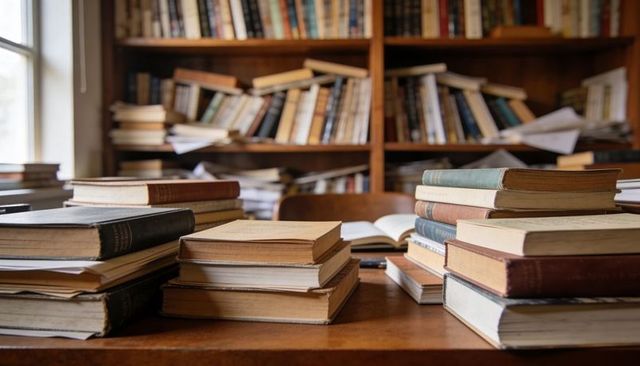 Vintage hardback and paperback stacks on wooden table in cozy library study with open book