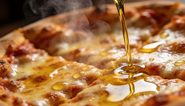 Drizzling olive oil over hot melted cheese pizza close-up with steam and golden crust