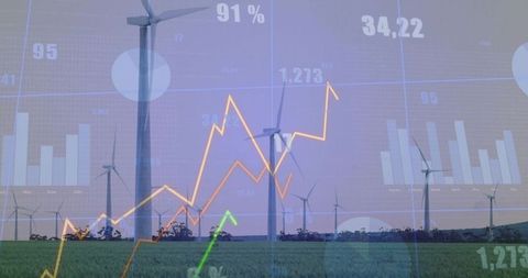 Wind Turbines in Green Field with Financial Data Overlay