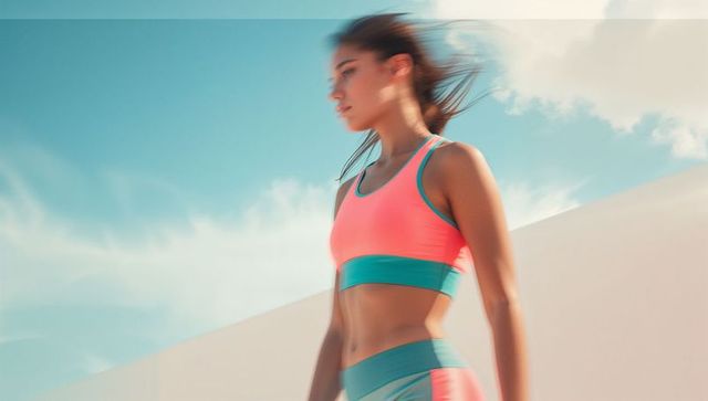 Moving athlete in neon sportswear exercising on rooftop under blue sky