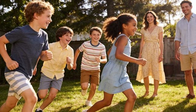 Children racing across sunny backyard lawn while parents watching and smiling