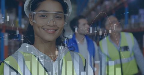 Woman in Warehouse Management with Financial Graph Overlays