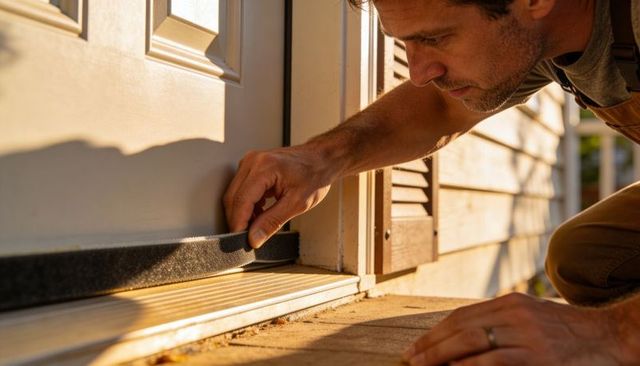 Contractor installing foam weatherstripping on exterior door sill during golden hour