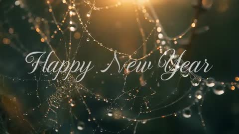 Shimmering Dew-Covered Spiderweb Macro Video Featuring Happy New Year Script Overlay