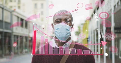 Man Wearing Face Mask with COVID-19 Data Overlay in Urban Scene