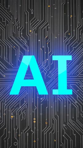 Pulsing cyan AI letters fading over circuit board with glowing nodes vertical video