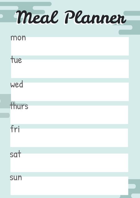 This weekly meal planner template features a pastel background. Each day of the week has a designated space for menu, diet, grocery, or activity scheduling. Perfect for staying organized, planning healthy meals, or preparing for a busy week ahead. Ideal for use in both personal and family meal planning.